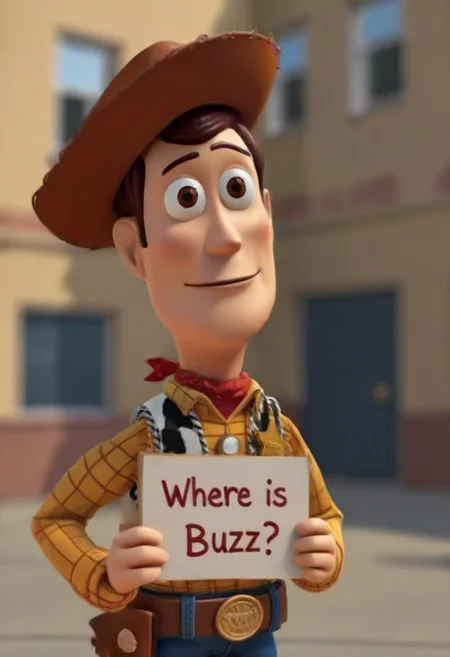 Woody holding a sign with text "where is buzz?" <lora:buzz-text:1>