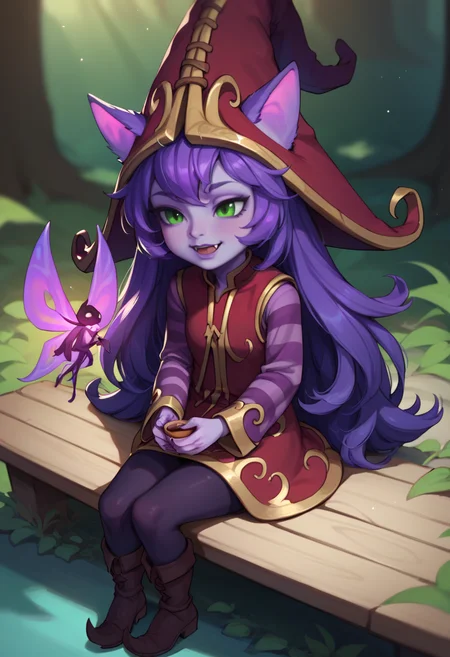 score_9, score_8_up, score_7_up,1u1u, lulu, 1girl, green eyes, yordle, colored skin, purple skin,long hair, purple hair, animal ears,dress, long sleeves,hat, witch hat, ears through headwear, boots, fairy <lora:Lulu_Default_v2:0.8>, sitting