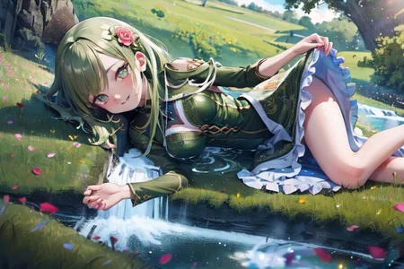 (masterpiece:1.4), 4K8K, (anime style), (high shutterspeed:1.4), (sharp edges),
SyFyEye1, FanFo,
1woman hands togather, leaning foward, face focus, smile, closed mouth,
wearing Celtic style dress, (Detailed face, Detailed eyes, Detailed lips), (solo),
olive hair, any colored roses, Fantastic, grass firld, river-side,