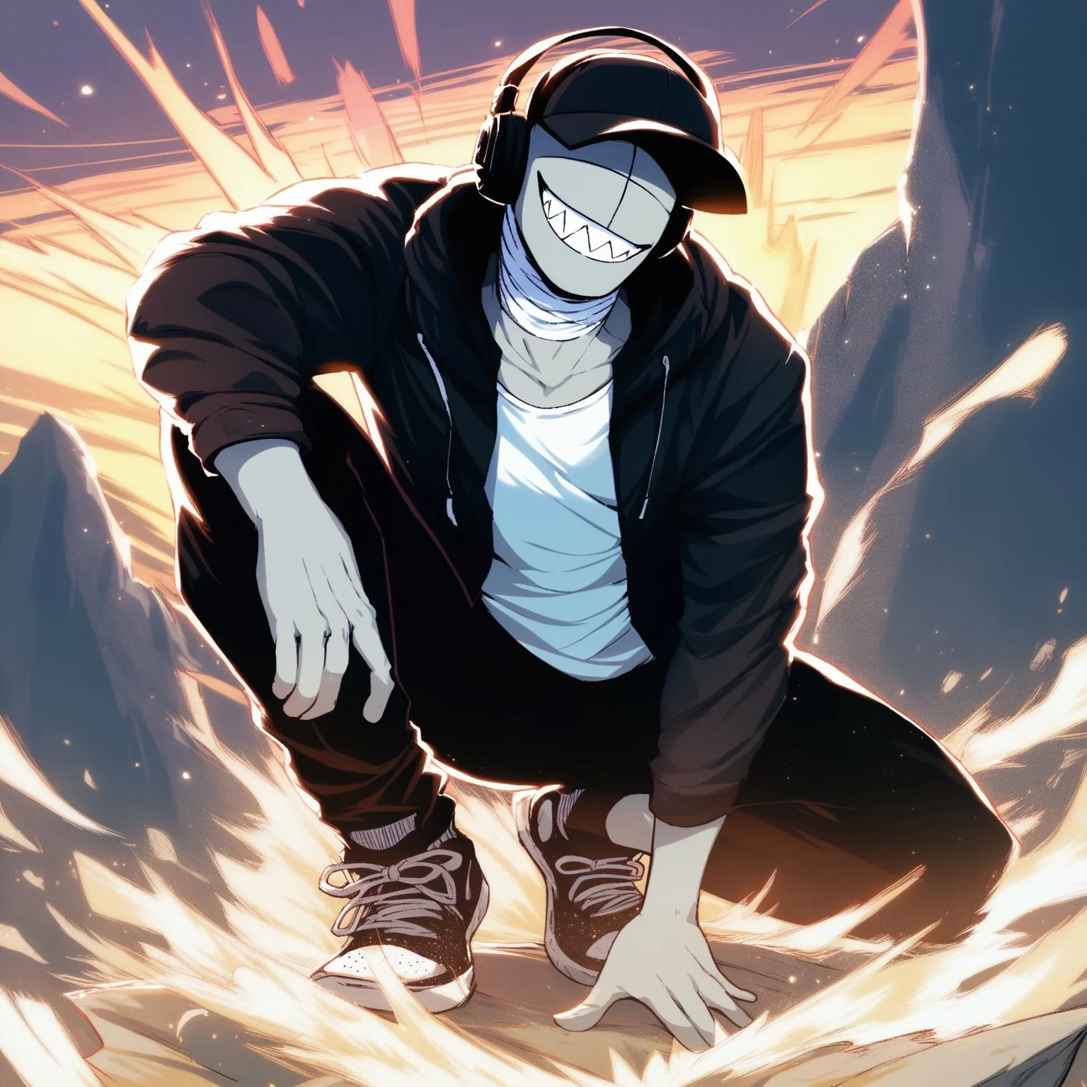 score_9, score_8_up, score_7_up, d3im0s, colored skin, grey skin, facial mark, no eyes, no eyebrows, no nose, bald, bandaged neck, 1boy, solo, grin, sharp teeth, kneeling. on one knee, hand on own knee, on ground, hand on ground, head down, facing viewer, straight-on, black hat, baseball cap, black headphones, black jacket, open jacket, white shirt, black pants, black sneakers, backlighting, explosion, scenery, cliff, rock, depth of field, full body