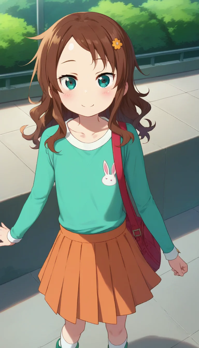 score_9,score_8_up,score_7_up,score_6_up BREAK official art,solo,outdoors,upper body,(portrait:1.5),looking at viewer,facing viewer,smile,blush,Riko Saikawa,female child,brown hair,long hair,curly hair,hair ornament,hair flower,hairclip,sidelocks,forehead,parted bangs,aqua eyes,collarbone,aqua shirt,animal print,bunny print,long sleeves,flat chest,orange skirt,pleated skirt,white socks,mary janes,green footwear,<lora:Riko Saikawa(mkdm)-Pony:1.4>,