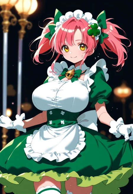 score_9, score_8_up, score_7_up, score_6_up, <lora:hindenburg2:0.8>,anime_lineart
1girl, solo,
<lora:amulet_clover:1> amulet_clover, gloves, dress, twintails, medium hair, pink hair, hair ornament, lock button, yellow eyes, bow, short sleeves, puffy sleeves, puffy short sleeves, green dress, white gloves, maid, apron, magical girl, bangs, clover (shape), thighhighs
,huge breasts, aged up,
sweat, shiny skin, smile