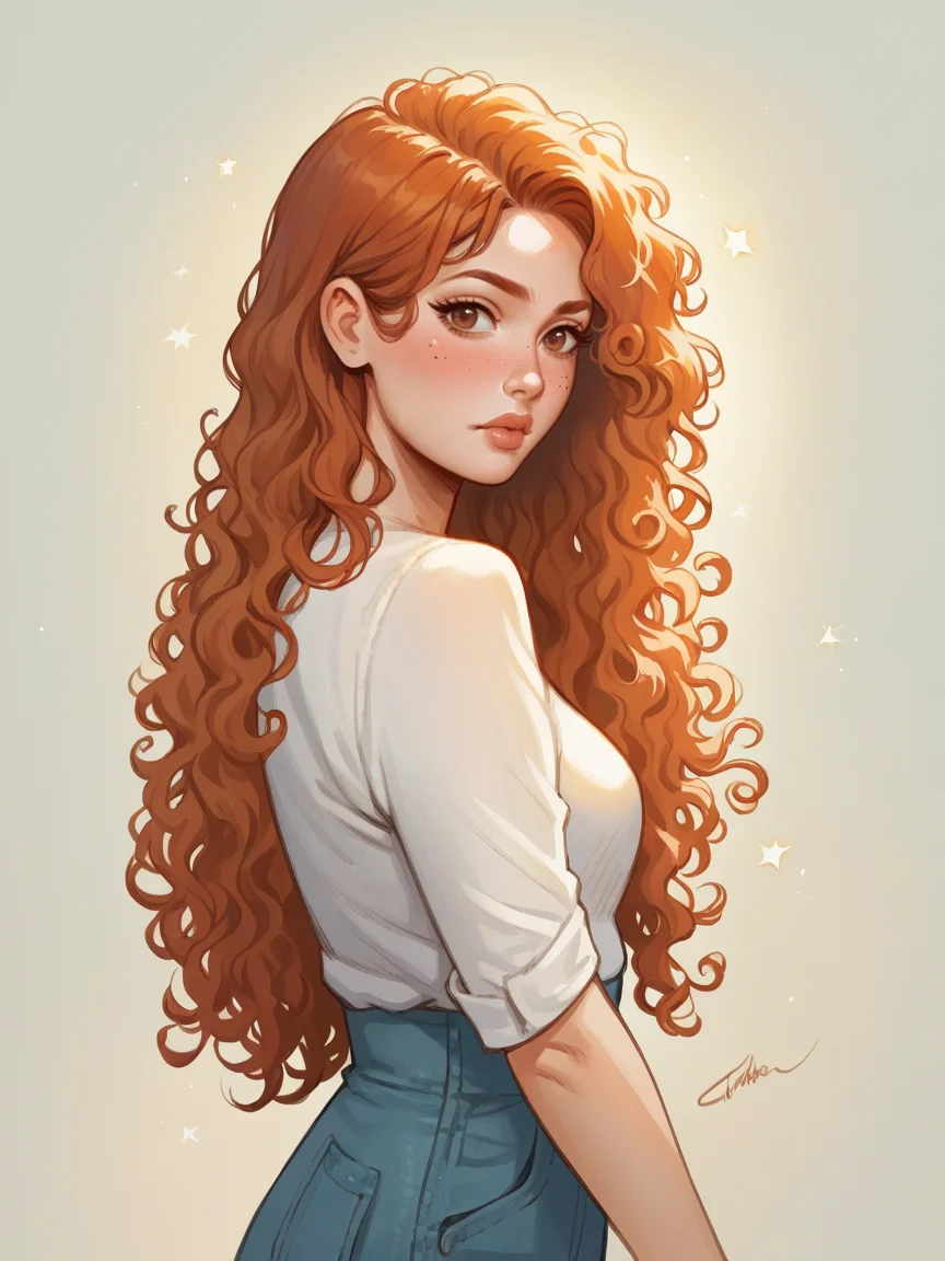 source_anime, score_9, score_8_up, score_7_up, score_6_up, score_5_up, <lora:t0sh14XLP:1> t0sh14, blush, 1girl, long hair, curly hair, ginger hair, freckles, lips, curvy