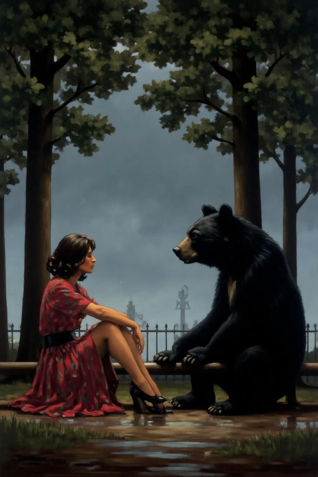 jackvettriano1 painting.
A woman and a black bear sitting in a park for a picnic in gloomy rainy day. <lora:jackvettriano1_cap_d8a4e12:1.0><lora:851808415121448628:0>