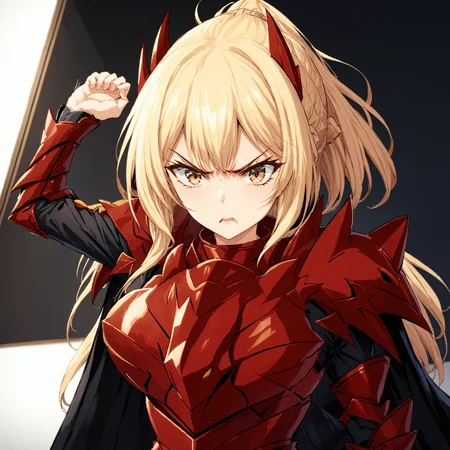 masterpiece, best quality,
1girl,solo,
<lora:gostlapped.sdxl.v1_r1:0.9> (imminentslap), arm up,
(motion blur), ((motion lines)), angry,
<lora:mihaela.sdxl.v1:0.8> mihaela, red armor, black cape, shoulder spikes, dragon armor, dragon head, serious,stern looking, looking at viewer, disgust, blond hair,