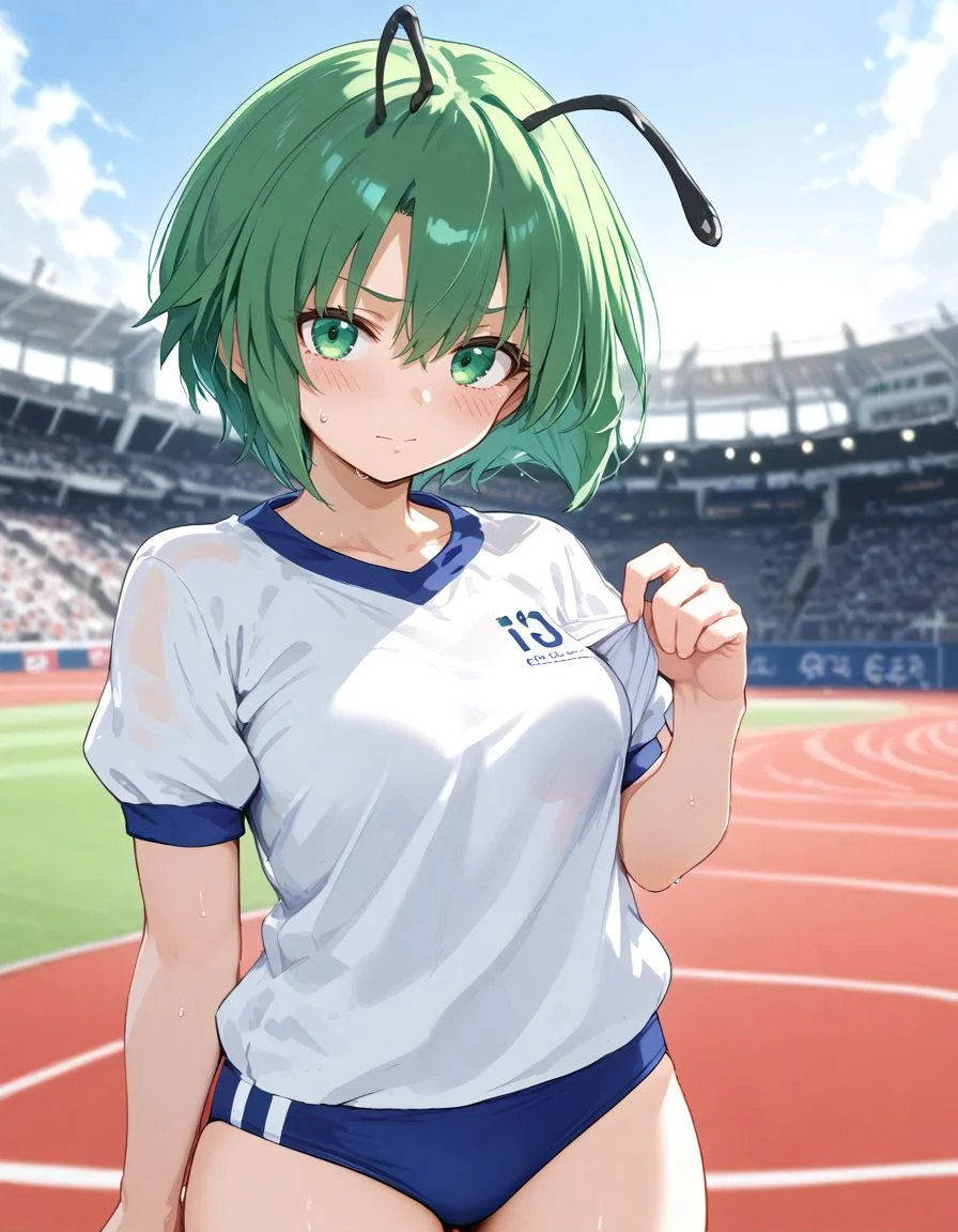 score_9, score_8_up, score_7_up, <lora:sdxl_lightning_8step_lora:1> BREAK
source_anime, best quality, masterpiece, rating_safe <lora:Copics_v2:0.3:lbw=1,1,1,0,0,0,1,1,1,1,1,1> BREAK
1girl,solo, BREAK
<lora:wriggle_nrm_pony:1> wriggleN, wriggle nightbug, antennae, green hair, short hair, hair between eyes, green eyes,
gym clothing, gym shirt, buruma, blush, sweat, sweatdrop,
standing, looking at viewer, race track, outside, blue sky, stadium, depth of field,