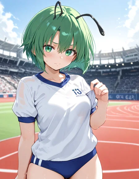 score_9, score_8_up, score_7_up,  <lora:sdxl_lightning_8step_lora:1> BREAK 
source_anime, best quality, masterpiece, rating_safe <lora:Copics_v2:0.3:lbw=1,1,1,0,0,0,1,1,1,1,1,1> BREAK 
1girl,solo,   BREAK 
<lora:wriggle_nrm_pony:1> wriggleN, wriggle nightbug, antennae, green hair, short hair, hair between eyes, green eyes,
gym clothing, gym shirt, buruma, blush, sweat, sweatdrop, 
standing, looking at viewer, race track, outside, blue sky, stadium, depth of field,