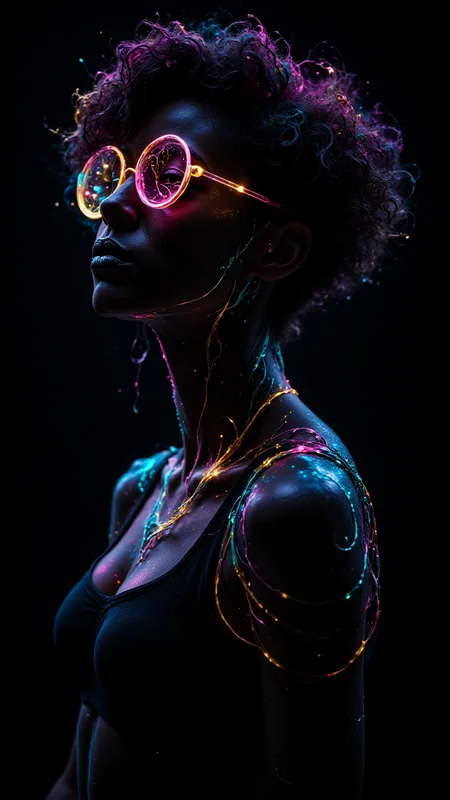 glowy Luminescence, Punk girl with Two-Tone glasses, big breasts, side lit, female, quirky
