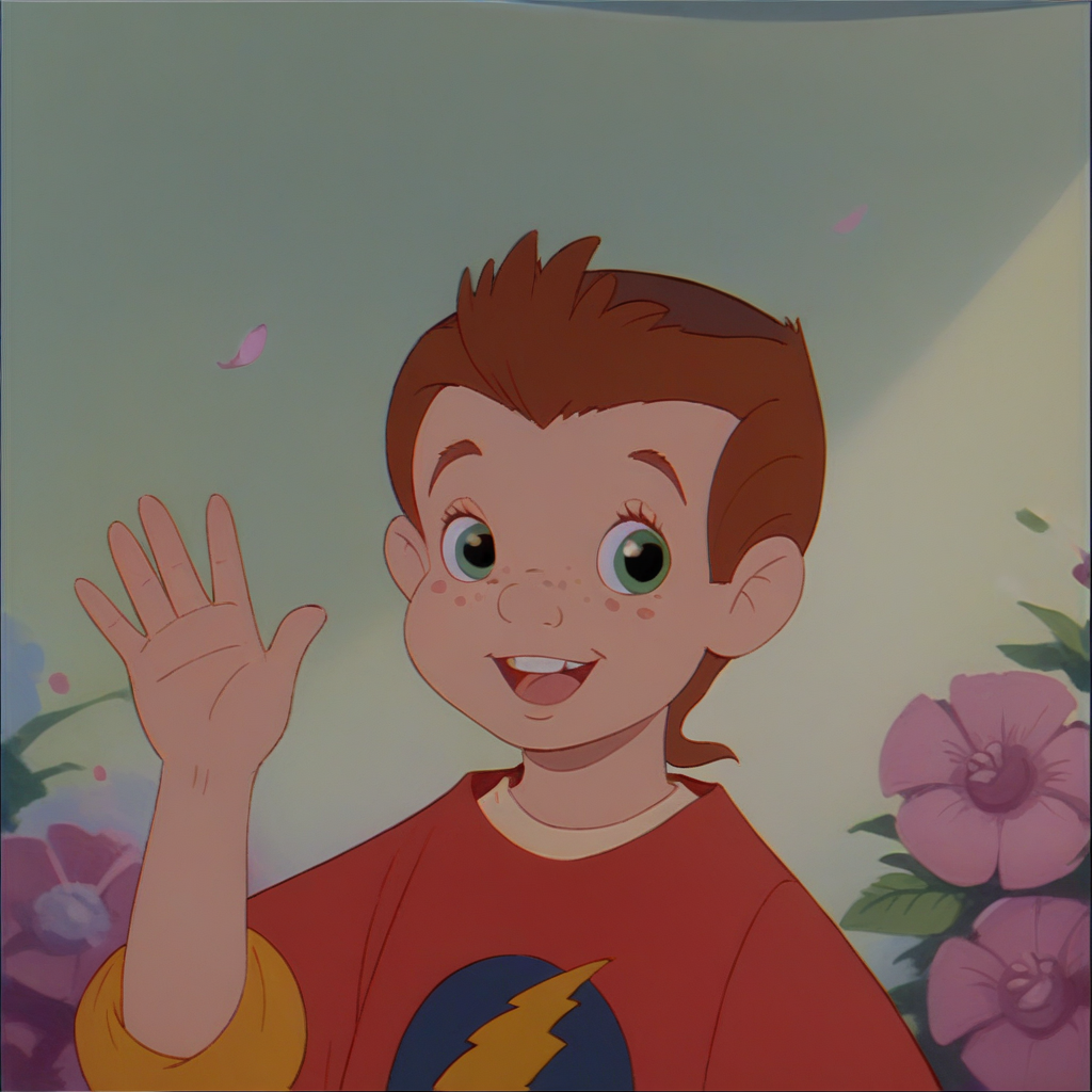 score_9_up, score_8_up, BREAK, gustroll, 1boy, human, brown hair, freckles, green eyes, white undershirt, red shirt with yellow bolt, upper body, waving hello, flower background, <lora:Gus_A_Troll_In_Central_Park:1>