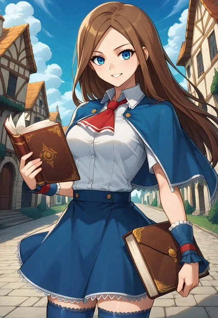 score_9, score_8_up, score_7_up, source_anime, prefect lighting, very aesthetic, intricate details, highly detailed background, masterpiece, high quality, prefect hands, best quality, uncensored, nsfw, 1girl, solo, medium breasts, charlotte_aulin, long hair, parted bangs, brown hair, blue eyes, blue capelet, white shirt, collared shirt, red ascot, wrist cuffs, blue skirt, blue thighhighs, holding book, gentle smile, looking at viewer, outdoors, battle stance, village, blue sky, cowboy shot, Dutch angle