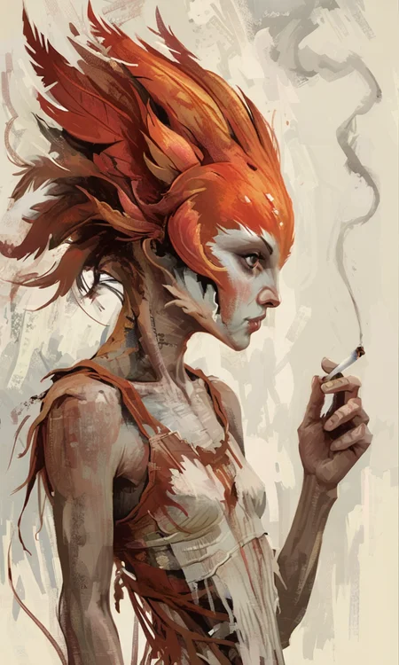 A digital painting of a humanoid creature with a bird-like head holding a cigarette wearing tattered clothes <lora:- NAI - PdJ_highres_counterweight_V.2.0-step00021000:0.7> <lora:- NAI - ac_illustration_V1.0-step00011000:.6>