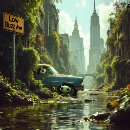 A cute curious, small alien creature peers out from behind a abandoned car, vibrant jungle, as he investigating the ruins of an abandoned city half-submerged in the murky water. And old street sign reads: 'Low Buzz Ave'  abandoned skyscrapers and storefronts covered in overgrowth