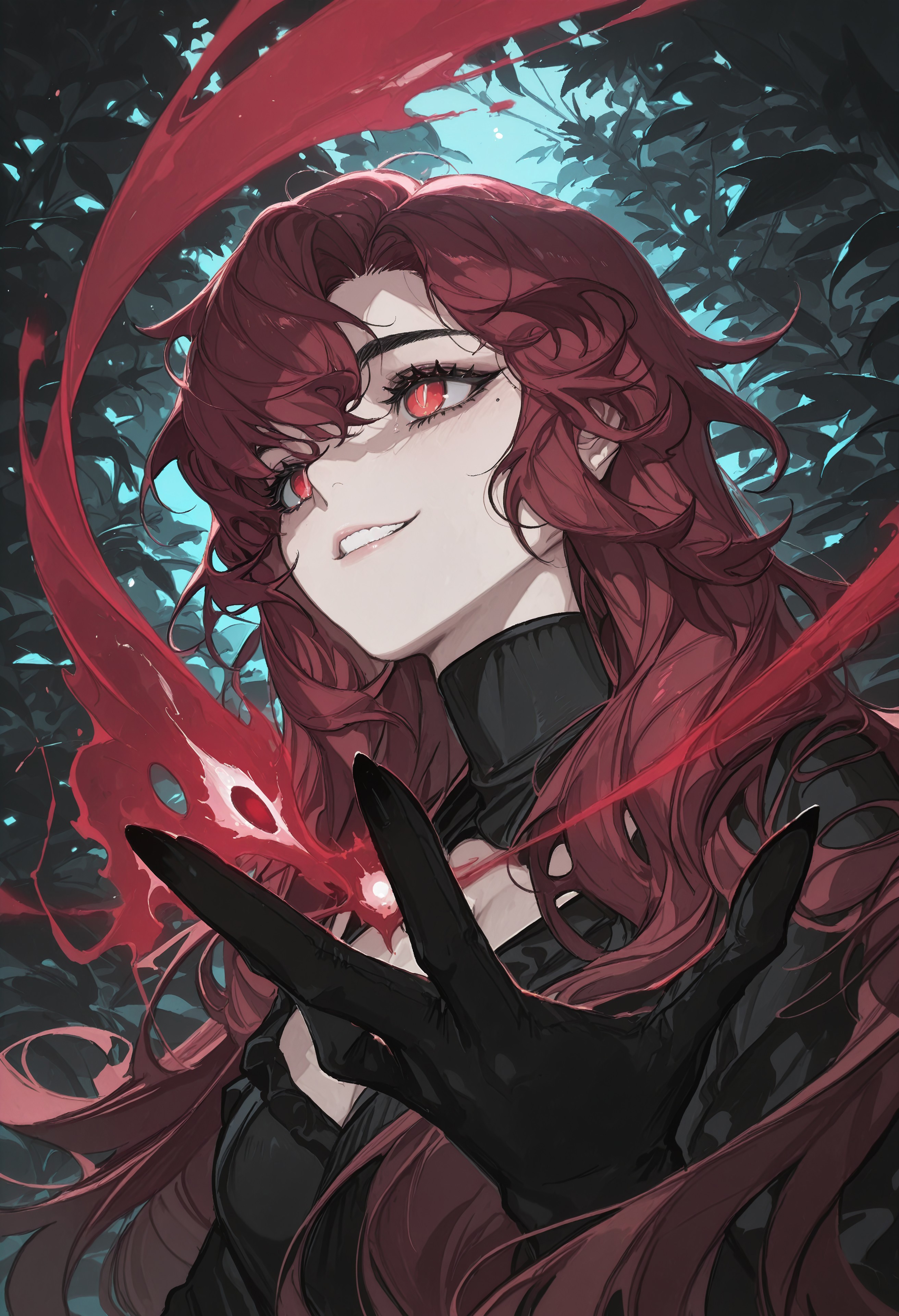 dark red hair, (very long hair:1.4), Mino Han, sleeves,  wavy hair, (wild hair:1.5), bangs, thick hair, (manhwa:1.5), (korean girl:1.5), thick eyelids, black eyeliner, thick eyebrows, black dress, turtleneck, cleavage, sexy, bold, black gloves, black long nails, sexy grin, blink, upper body portrait, garden background, blood, bold pose, red glowing fairy wings, red eyes, feline pupils, 
painterly, best quality, flat color, majestic, best quality, amazing quality, intricate detail, highly detailed, newest, highres, 8K, HDR, absurdres, high quality, dynamic composition, best quality, vibrant colors, holographic colors, gradient colors, glamour shot, foreshortening