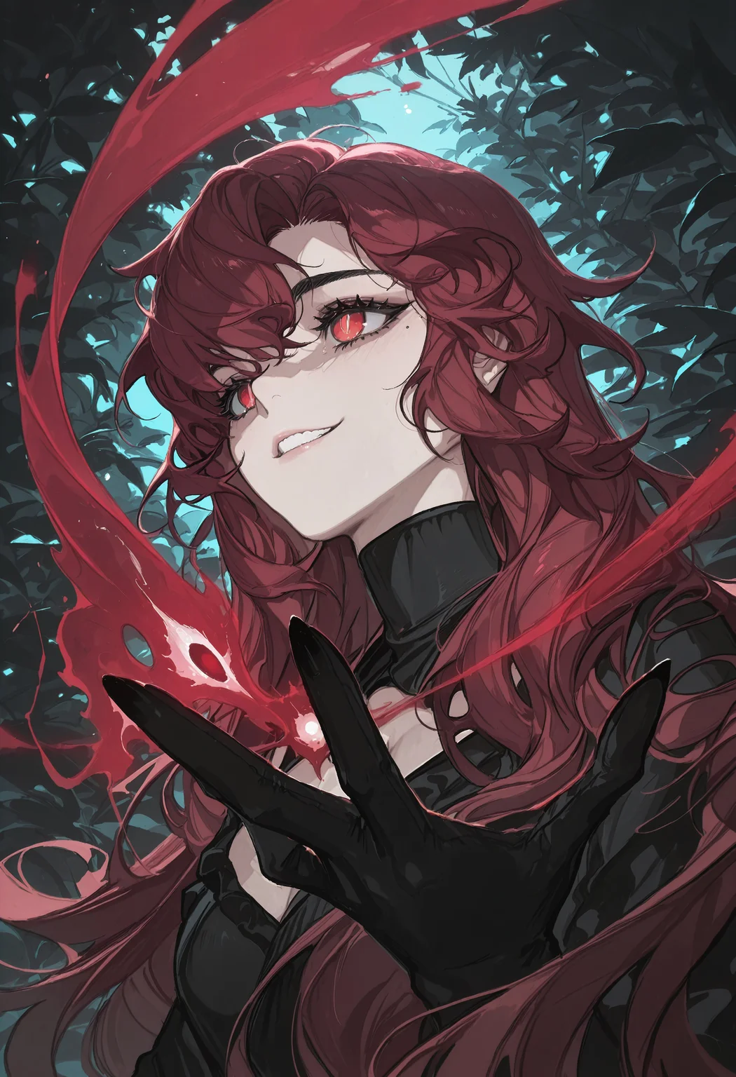 dark red hair, (very long hair:1.4), Mino Han, sleeves, wavy hair, (wild hair:1.5), bangs, thick hair, (manhwa:1.5), (korean girl:1.5), thick eyelids, black eyeliner, thick eyebrows, black dress, turtleneck, cleavage, sexy, bold, black gloves, black long nails, sexy grin, blink, upper body portrait, garden background, blood, bold pose, red glowing fairy wings, red eyes, feline pupils,
painterly, best quality, flat color, majestic, best quality, amazing quality, intricate detail, highly detailed, newest, highres, 8K, HDR, absurdres, high quality, dynamic composition, best quality, vibrant colors, holographic colors, gradient colors, glamour shot, foreshortening