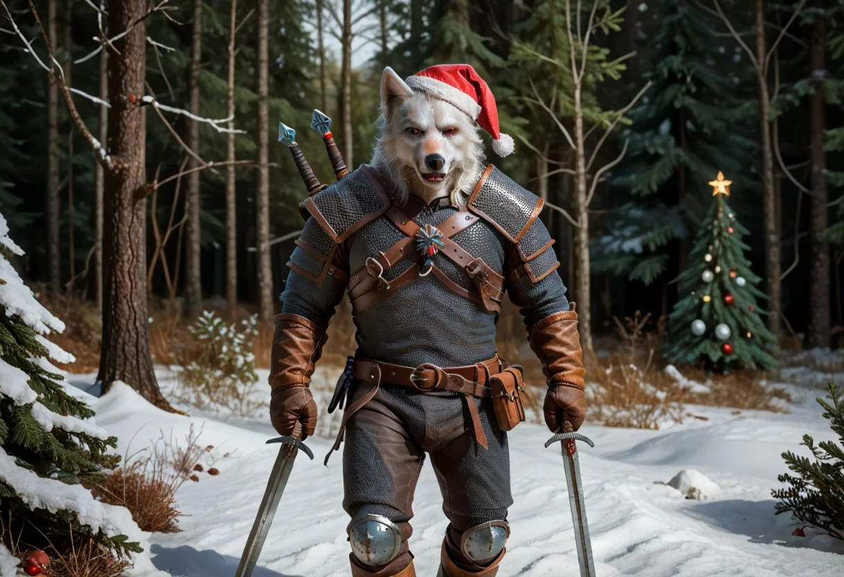 Geralt, solo, (as a white wolf), w1tch3r, (wearing a christmas hat), 
in a snow forest, christmas tree in the background, 
(fluffy_new_year, merry_furistmas), 
looking at the camera, grim, 
sfw