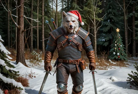 Geralt, solo, (as a white wolf), w1tch3r, (wearing a christmas hat), 
in a snow forest, christmas tree in the background, 
(fluffy_new_year, merry_furistmas), 
looking at the camera, grim, 
sfw