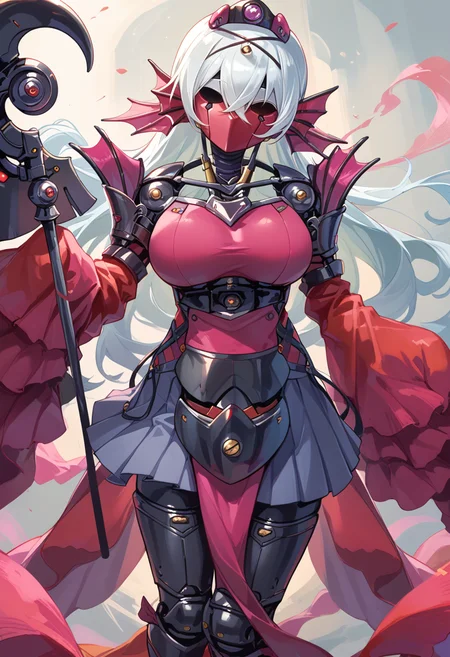 (score_9:0.9),score_8_up,score_7_up,rating_explicit,(zPDXL),(zPDXL3),
<lora:Tearlaments Kashtira PonyXL v1:0.73>,tearlaments kashtira, black tiara, red detached sleeves, red dress, 1girl, solo, large breasts, sleeves past wrists, looking at viewer, red mask, standing, holding scythe, scythe, robot, mechanical mermaid, black pleated skirt, science fiction, machinery, no eyes