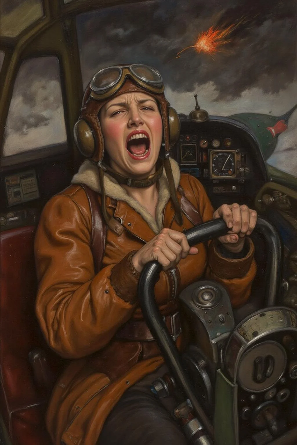 edwinabbey1 painting.
A female pilot screaming inside the cockpit of a World War II bomber. The pilot, wearing a vintage leather flight helmet with goggles and a bomber jacket, grips the controls with white-knuckled hands. Her face is contorted in a mix of fear and determination as she yells, her eyes wide with adrenaline. The cockpit is cramped and filled with old-fashioned dials and gauges, with the outside view showing dark stormy clouds and distant anti-aircraft fire <lora:edwinabbey1_cap_d6a3:1.0><lora:837004335029264716:0>