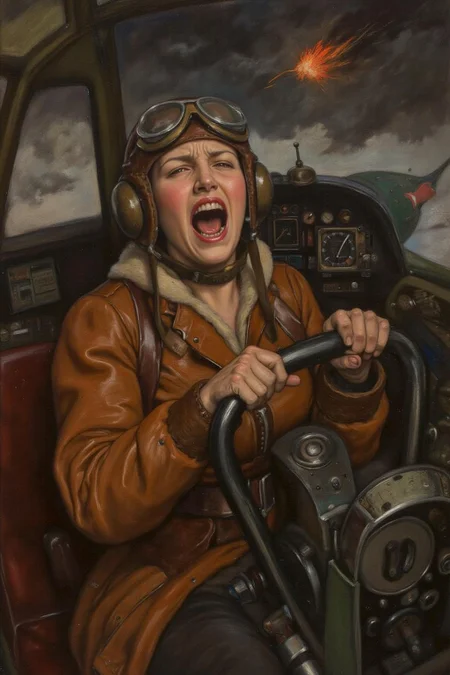 edwinabbey1 painting.
A female pilot screaming inside the cockpit of a World War II bomber. The pilot, wearing a vintage leather flight helmet with goggles and a bomber jacket, grips the controls with white-knuckled hands. Her face is contorted in a mix of fear and determination as she yells, her eyes wide with adrenaline. The cockpit is cramped and filled with old-fashioned dials and gauges, with the outside view showing dark stormy clouds and distant anti-aircraft fire <lora:edwinabbey1_cap_d6a3:1.0><lora:837004335029264716:0>