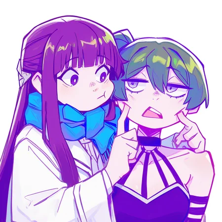 masterpiece, best quality, good quality, very awa, very aesthetic, absurdres, newest, pastel colors,toon (style),
drawing_style,
upper body, 2girls, multiple girls, cheek poking,finger to another's cheek, upper body, simple background, white background, 
fern \(sousou no frieren\), :t, blue scarf, coat, long hair, purple eyes, purple hair, scarf, shirt, white coat, 
ubel \(sousou no frieren\), 
green hair, long hair, bare shoulders, black shirt,  open mouth,
<lora:ponyv6_noobV1_2_adamW-000017:0.8> <lora:USNR_STYLE_XL_lokr:0.45> <lora:namukijpg_ill:0.85>