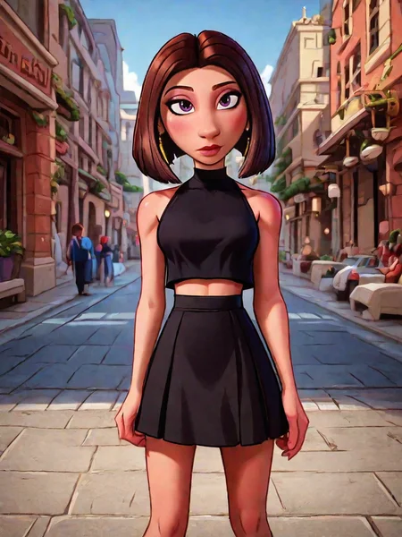 <lora:colettetatou-05:1> ( colettetatou:1.1), cowboy shot, bob cut, brown hair
BREAK
black crop top, black skirt, bare belly, bare shoulders
high res image,masterpiece,best quality,girl,cute face,clear skin,shiny hair,ultra detailed eyes,street city background, <lora:r0bbr0wnXLP:1> r0bbr0wn