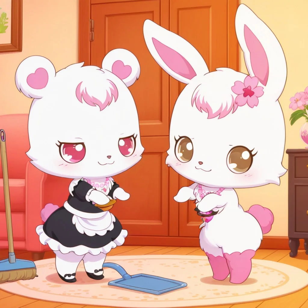 score_9, score_8_up, score_7_up, score_6_up, score_5_up,
best quality, masterpiece, smirks, Full Body, Romantic, Small Body, Furry, looking_pleasured, rubyjp, no humans, rabbit, chibi, furry, hair ornament, necklace, jewelry, chest fur, white fur, labrajp, chibi, feral, multicolored hair, pink tail, tufted fur, furry, one pink leg, necklace, bear, duo girls, duo, House, maid outfit, maid dress, broom, dustpan, sweeping, living room, evening, (((cute pose))), ((( love pose))), moves table,