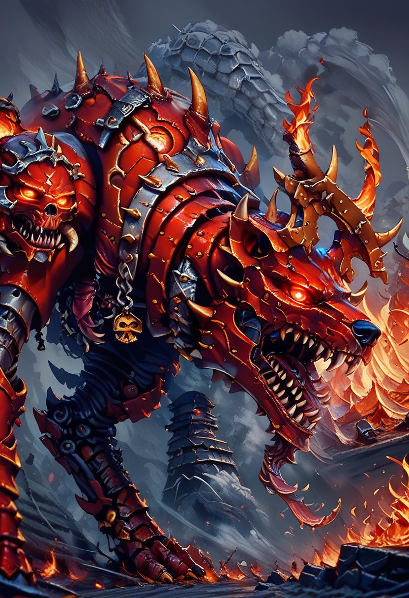 score_9, score_8_up, score_8, 
Khrn, solo, open mouth, horns, teeth, smog, fire, Bldcrsher,  side view, monster, dog, looking at viewer, glowing eyes,