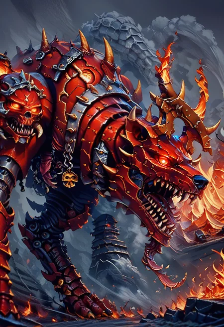 score_9, score_8_up, score_8,
Khrn, solo, open mouth, horns, teeth, smog, fire, Bldcrsher, side view, monster, dog, looking at viewer, glowing eyes,