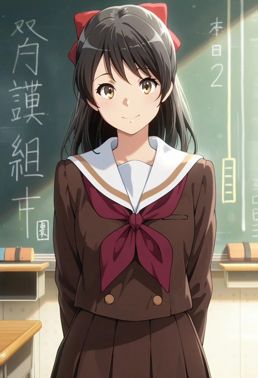 masterpiece,best quality,amazing quality, sakai masako, black hair, brown eyes, 1girl, kitauji high school uniform, school uniform, solo, chalkboard, neckerchief, serafuku, smile, hair bow, bow, skirt, long hair, red neckerchief, looking at viewer