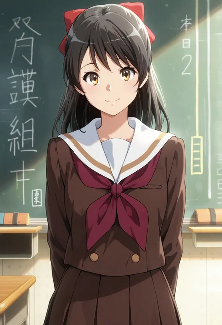 masterpiece,best quality,amazing quality, sakai masako, black hair, brown eyes, 1girl, kitauji high school uniform, school uniform, solo, chalkboard, neckerchief, serafuku, smile, hair bow, bow, skirt, long hair, red neckerchief, looking at viewer
