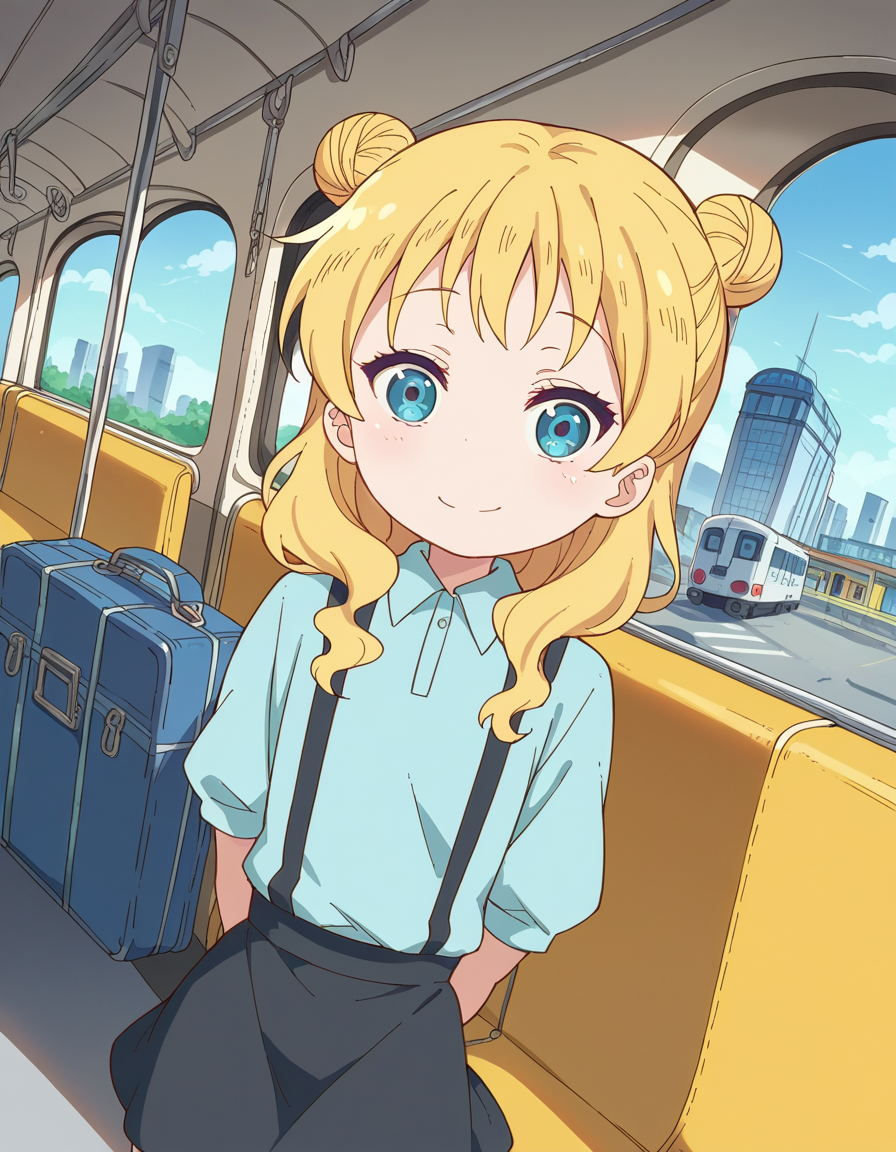 score_9, score_8_up, score_7_up, source_anime, <lora:dragon-chloe-s2-ponyxl-lora-nochekaiser:1>, chloe, blue eyes, blonde hair, hair bun, double bun, child, female child,, skirt, shirt, thighhighs, collared shirt, suspenders, blue shirt,, train station, waiting for train, suitcase, traveling, commute, city skyline, hands behind back,, smile, looking at viewer, hands on own chest,, solo,, dutch angle,