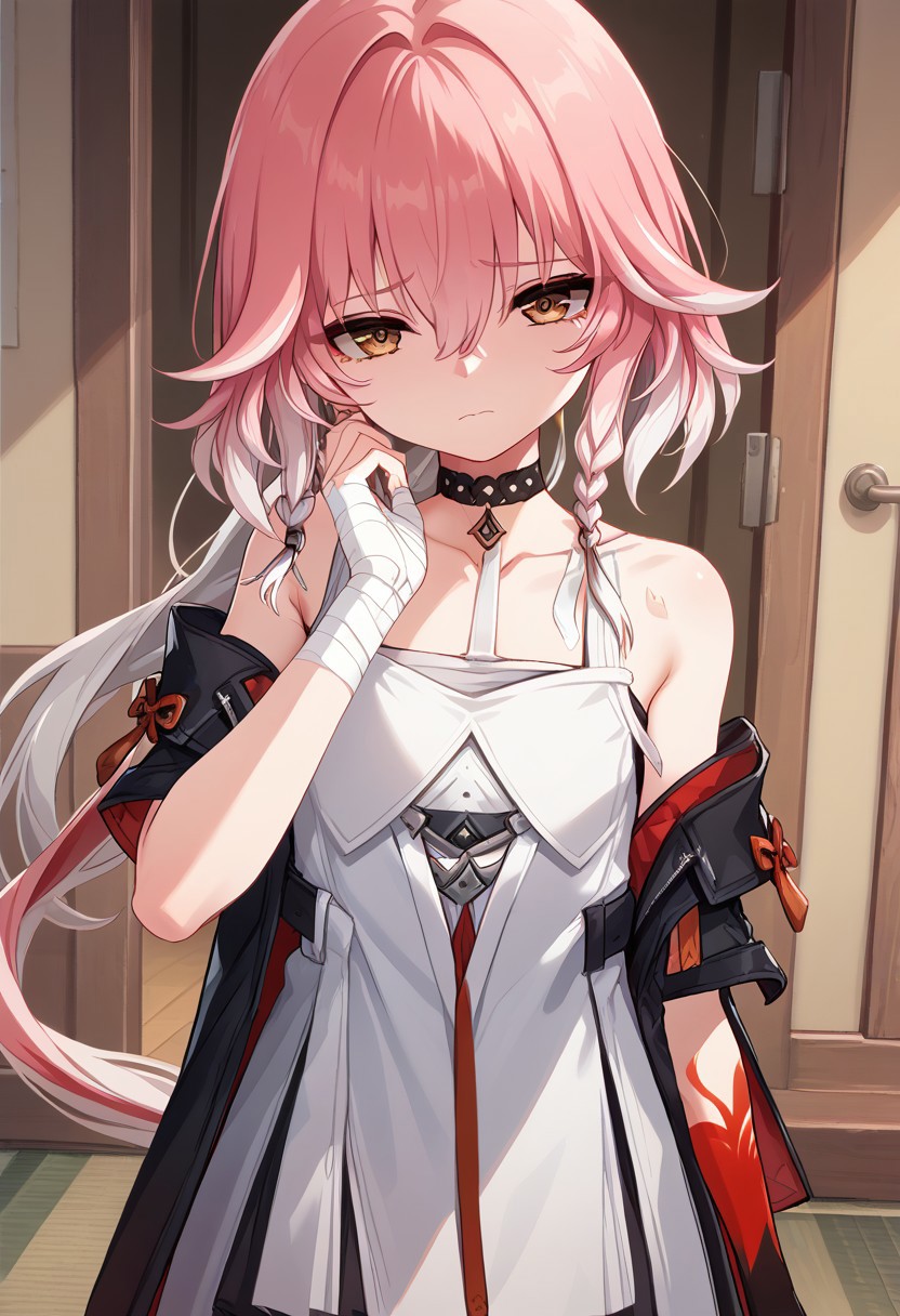 score_9_up, score_8_up, score_7_up, extreamly detailed, beautiful detailed face, complex detailed background, 1girl, BREAK, 
CHANG LI, CHANG LI CHILDHOOD, looking at viewer, bangs, dress, holding, hair between eyes, brown eyes, closed mouth, pink hair, white hair, multicolored hair, sleeveless, choker, bandages, aged down, sad