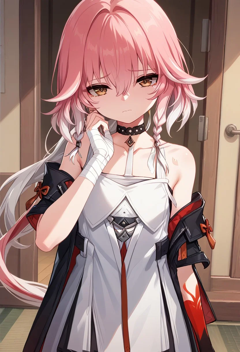 score_9_up, score_8_up, score_7_up, extreamly detailed, beautiful detailed face, complex detailed background, 1girl, BREAK,
CHANG LI, CHANG LI CHILDHOOD, looking at viewer, bangs, dress, holding, hair between eyes, brown eyes, closed mouth, pink hair, white hair, multicolored hair, sleeveless, choker, bandages, aged down, sad