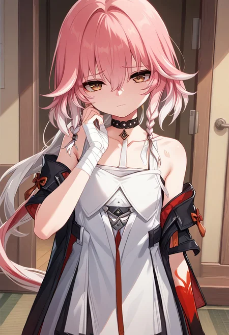 score_9_up, score_8_up, score_7_up, extreamly detailed, beautiful detailed face, complex detailed background, 1girl, BREAK, 
CHANG LI, CHANG LI CHILDHOOD, looking at viewer, bangs, dress, holding, hair between eyes, brown eyes, closed mouth, pink hair, white hair, multicolored hair, sleeveless, choker, bandages, aged down, sad