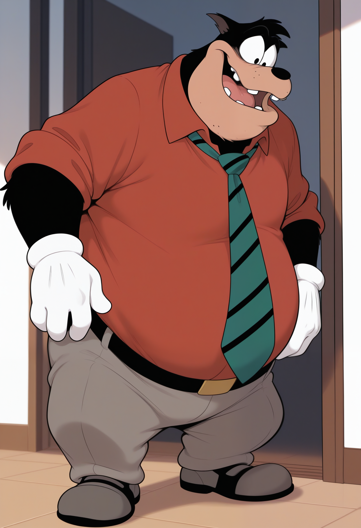 masterpiece,best quality,amazing quality, 1boy, solo, p3t3, grey pants, red collared shirt, white gloves, black belt, furry male, tie, shoes,