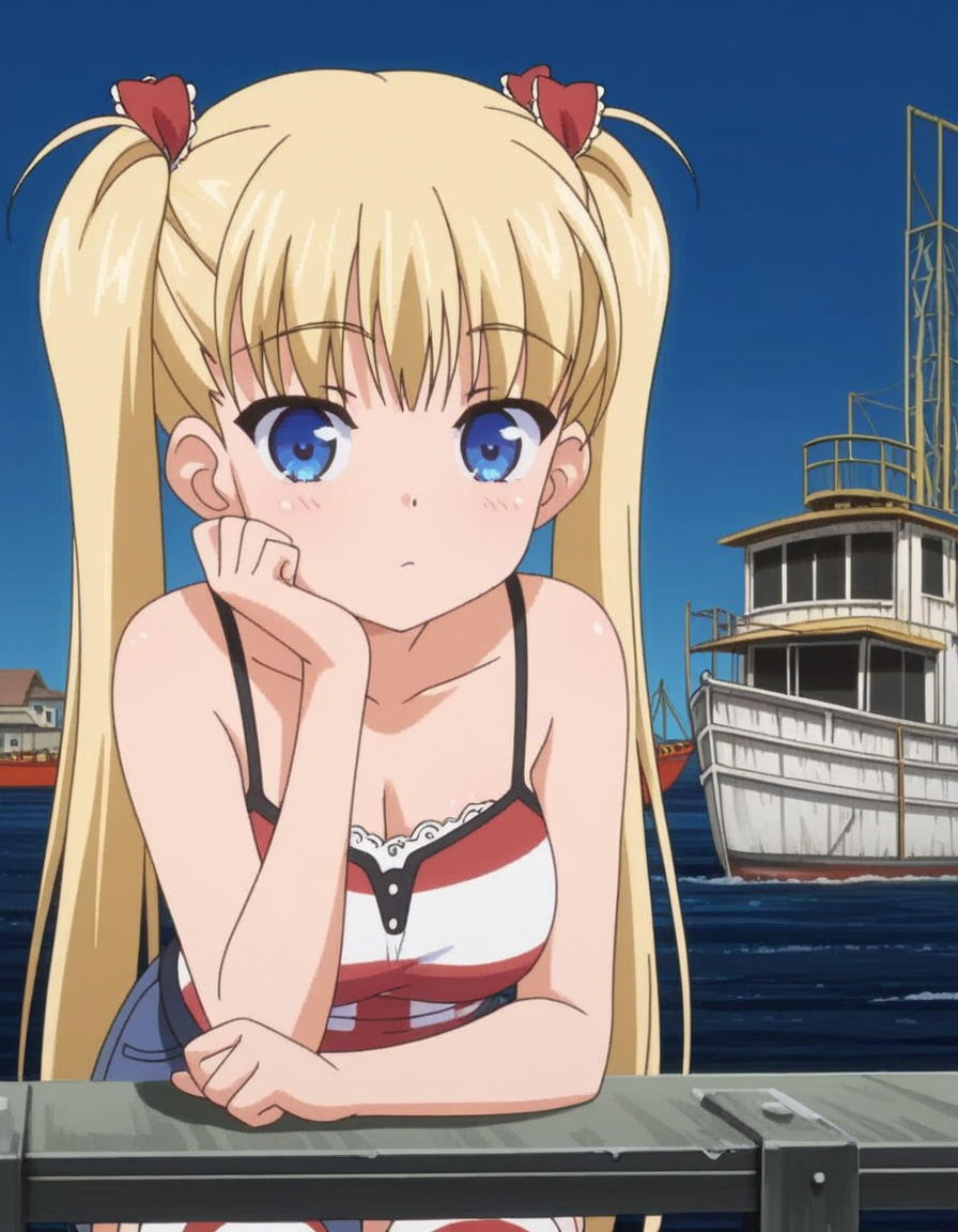 masterpiece, best quality, amazing quality,, <lora:airi-akizuki-ova-illustriousxl-lora-nochekaiser:1>, airi akizuki, long hair, blue eyes, blonde hair, twintails, mature female, breasts, anime screencap, skirt, thighhighs, striped, striped thighhighs, denim skirt, bare shoulders, shirt, sleeveless shirt, white shirt, red shirt, two-tone shirt, camisole, head rest, shipyard, boats, construction, metal, workers, cowboy shot, solo, looking at viewer