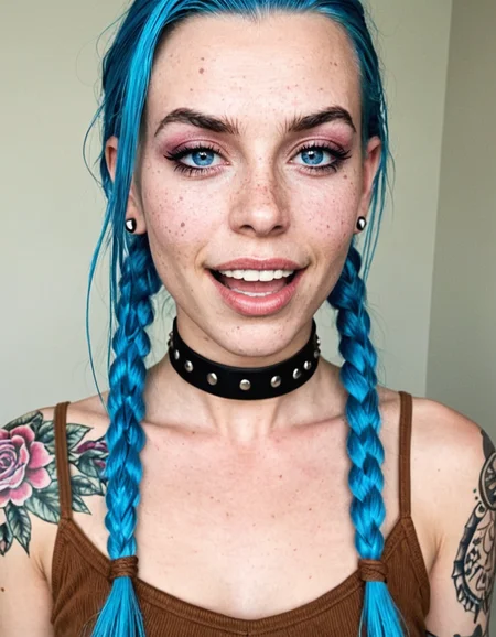 Stable_Yogis_Illustrious_Positives
<lora:Realim_Lora_BSY_IL_V1_RA42:0.6> realistic, photorealistic, realistic skin texture, detailed masterpiece, best quality, amazing quality, 1girl, jinx , braid, long hair, shoulder tattoo, bare shoulders, brown shirt, upper teeth only, asymmetrical bangs, arm tattoo, blue hair, pink eyes, brown choker, twin braids, looking at viewer