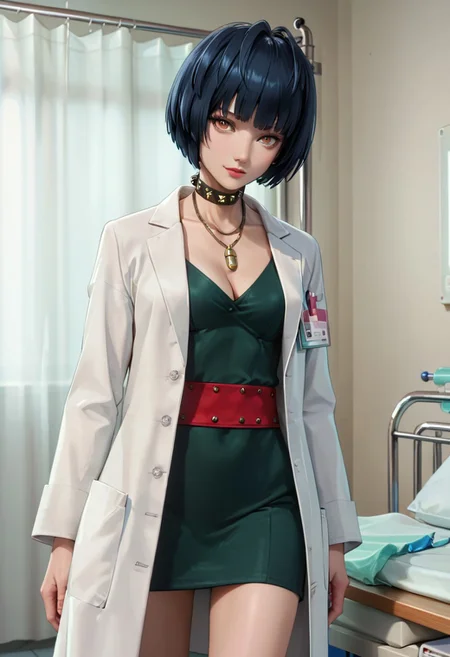 score_9, score_8_up, score_7_up, source_anime, 4n1v3rs3, (masterpiece, Highest quality:1.4), (beautiful, perfection, delicate, Complex:1.2), (cute, Fascinating), (Depth of written border:1.2), Realistic Face:1.2,
1 girl, 30 years old, mature female,
p5tae, tae takemi, short hair, bob cut, bangs, labcoat, necklace, choker, studded collar, short dress, dark green dress, cleavage, red belt, gladiator sandals, platform footwear,
Hospital, examination room, examination table, standing, view from front. cowboy shot,