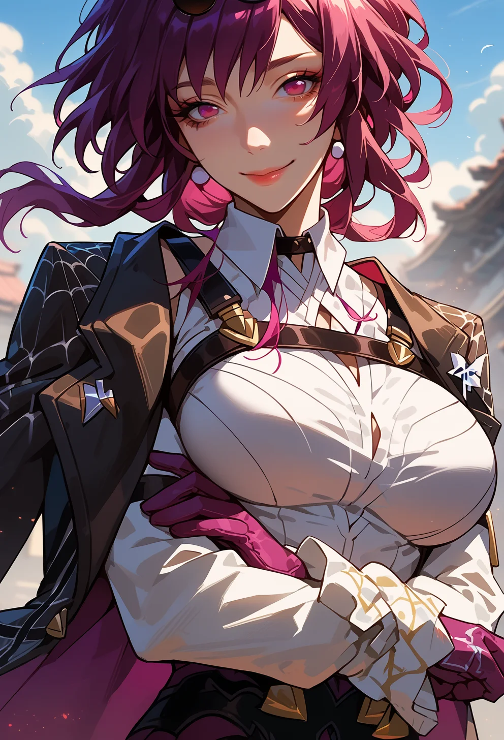 score_9, score_7_up, source_anime, BREAK solo, <lora:AEKafka:1> aekafka, jacket on shoulders, collared shirt, arm belt, chest harness, purple gloves, sunglasses, crossed arms, breast focus, seductive smile, portrait,