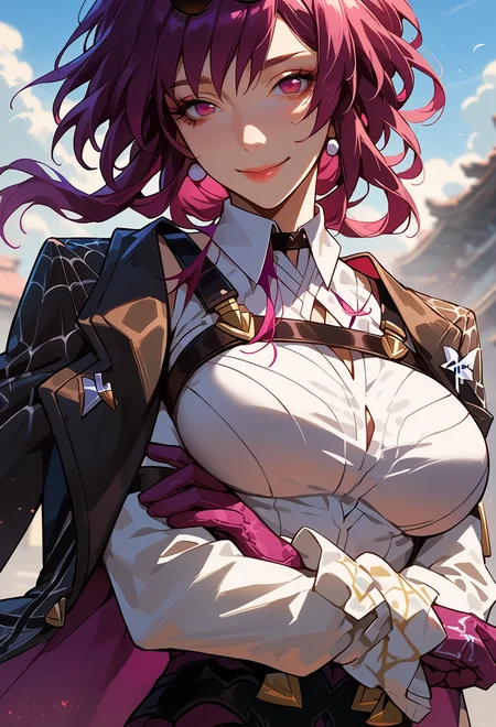score_9, score_7_up, source_anime, BREAK solo,  <lora:AEKafka:1> aekafka, jacket on shoulders, collared shirt, arm belt, chest harness, purple gloves, sunglasses, crossed arms, breast focus, seductive smile, portrait,