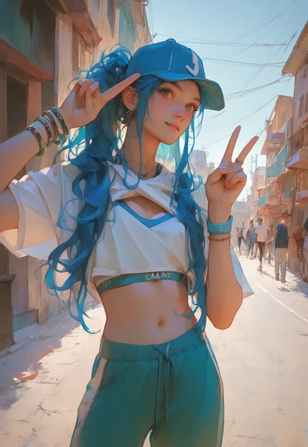 safe_pos, score_9, score_8_up, score_7_up, 1girl, outdoors, selfie , baseball cap, jewelry, hat, sports bra, pants, bracelet, midriff, blue hair, Semi-realism, peace sign,