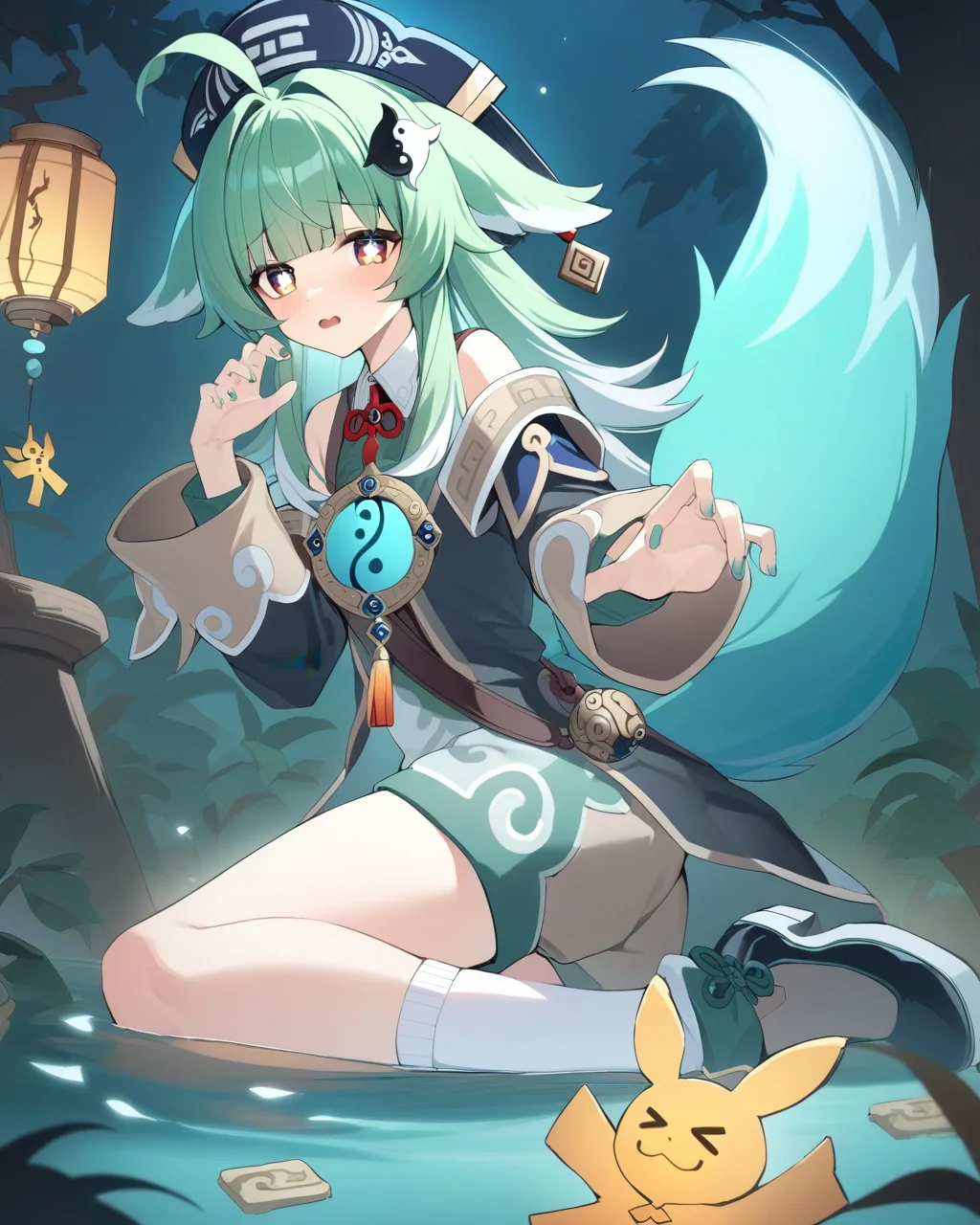 masterpiece,best quality,<lora:star_rail_all:1>,1girl, fox girl, green hair, yin yang hair ornament, ahoge, hat, shorts, tassel, absurdres, black footwear, fish, fox ears, green nails, highres, honkai: star rail, honkai \(series\), huohuo \(honkai: star rail\), long sleeves, paw-shaped pupils, tail \(honkai: star rail\), white socks, yellow eyes