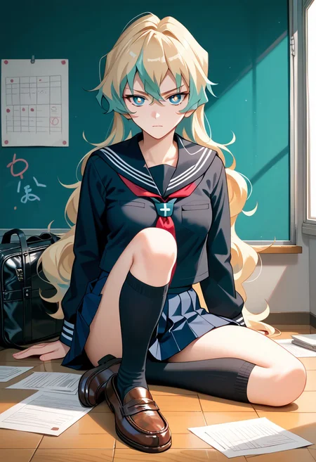 score_9,score_8_up,score_7_up,source_anime, Nia Teppelin (Antispiral),1girl,solo,looking at viewer,skirt,sitting,school uniform,full body,pleated skirt,shoes,socks,serafuku,kneehighs,black socks,loafers,black serafuku,cross-shaped pupils,