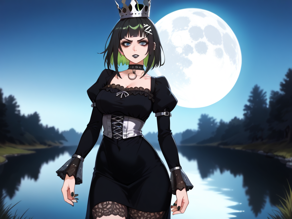 score_9,score_8_up,score_7_up, <lora:PONY_FP32_Realism:1> , 1girl, solo, tilted angle, rim lighting, angry glare, (goth, black lipstick, silver jewelry, silver piercings, black mascara, black eyeshadow), (average build),short stature, black hair green highlights,choker, (pearly white glowing skin), soft arms, heavy breasts, narrow waist, curvy hips, thick thighs, (floating), arcane lake, (long sleeves, puffy sleeves, black dress, lace dress, large crown,), <lora:Tonyman_Plus__Tonyman_Art_Style_Pony:1> t0nym4n