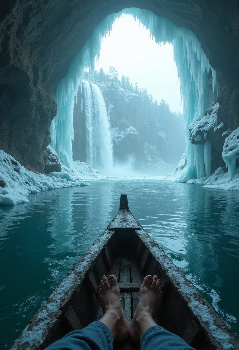 First-person view from a shivering pilgrim’s position in a ceremonial iceboat, bare feet slipping on frost-slick wood. The camera spins as you pass a frozen waterfall, while the reflection of a sacred cave’s entrance shimmers in a frost-encrusted amulet. A sudden roar reveals the waterfall collapsing, mirrored in the amulet’s facets. Twist: The icefall crushes the boat’s stern, forcing you to crawl across tilting debris, while the shattering ice blooms like spiderwebs.