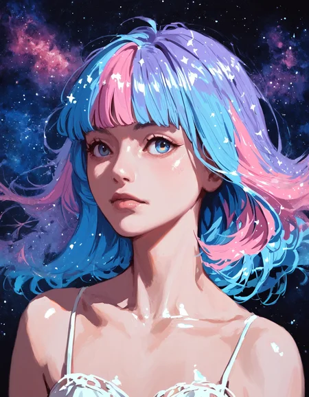 score_9, score_8_up, score_7_up, score_6_up, score_5_up, 1girl, portrait,  multicolored hair, fringe, bare shoulders, upper body, cosmic, collarbone, <lora:ra1ncloudstyle:1>
