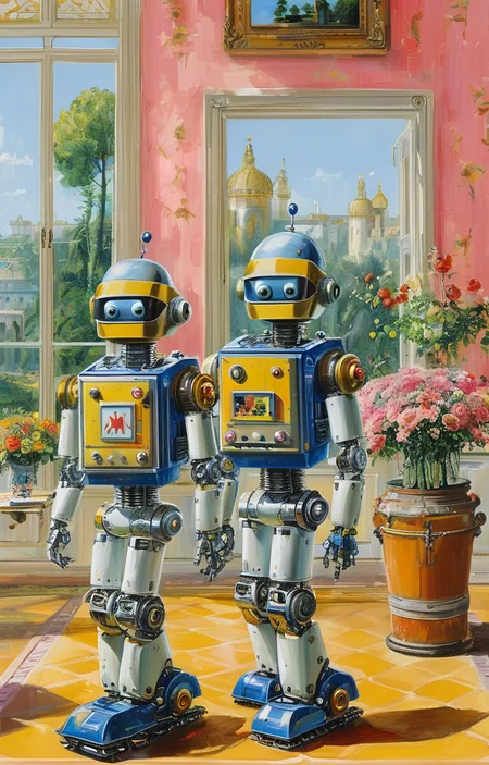 masterpiece,best quality,<lora:tbh343-sdxl:0.75>,illustration,style of Mario Buatta portrait of Housework robots