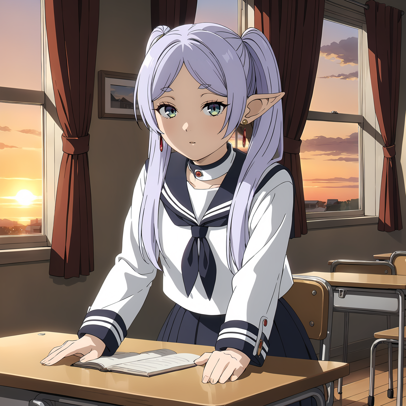 <lora:FrierenXL004>,<lora:DetailedEyes_V3:1.6>,looking at viewer,
solo,
anime screencap,
best quality,masterpiece,
Frieren,1girl,light purple hair,twintails,multicolored eyes,earrings,
cowboy shot,
serafuku,collared_shirt,pleated_skirt,classroom,desk,chair,window_,curtains,wind,sunset,