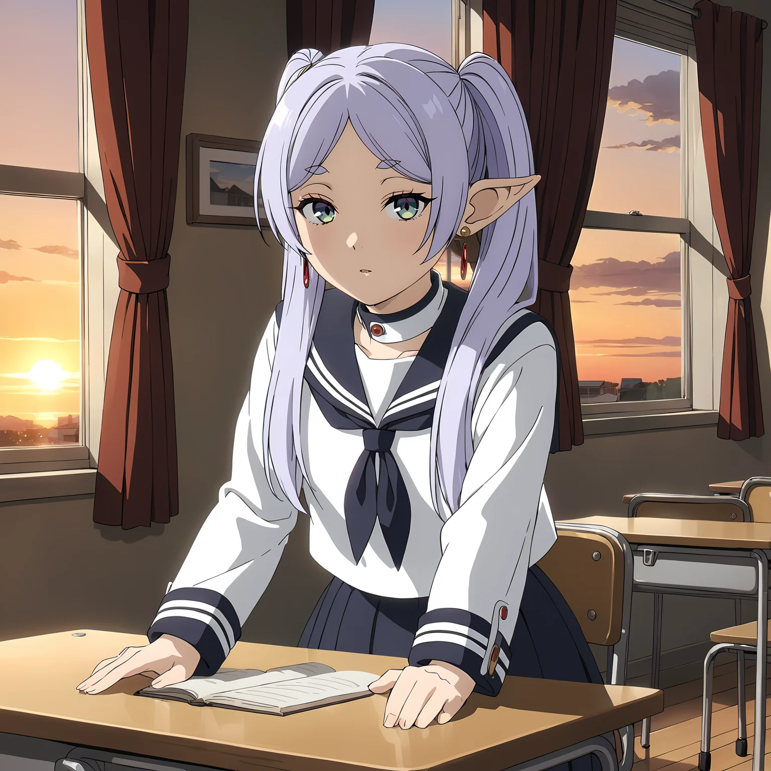<lora:FrierenXL004>,<lora:DetailedEyes_V3:1.6>,looking at viewer,
solo,
anime screencap,
best quality,masterpiece,
Frieren,1girl,light purple hair,twintails,multicolored eyes,earrings,
cowboy shot,
serafuku,collared_shirt,pleated_skirt,classroom,desk,chair,window_,curtains,wind,sunset,