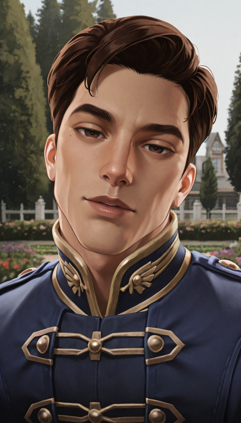 masterpiece,best quality,absurdres,newest,perfect quality,best quality,absolutely eye-catching,detailed background,intricate details,male focus,solo,<lora:Fable 3 - Hero - Illustrious-000006:0.8>,f3hero,1boy,hort hair,brown hair,brown eyes,regal blue coat,short coat,head tilt,seductive look,outdoors,garden,portrait,